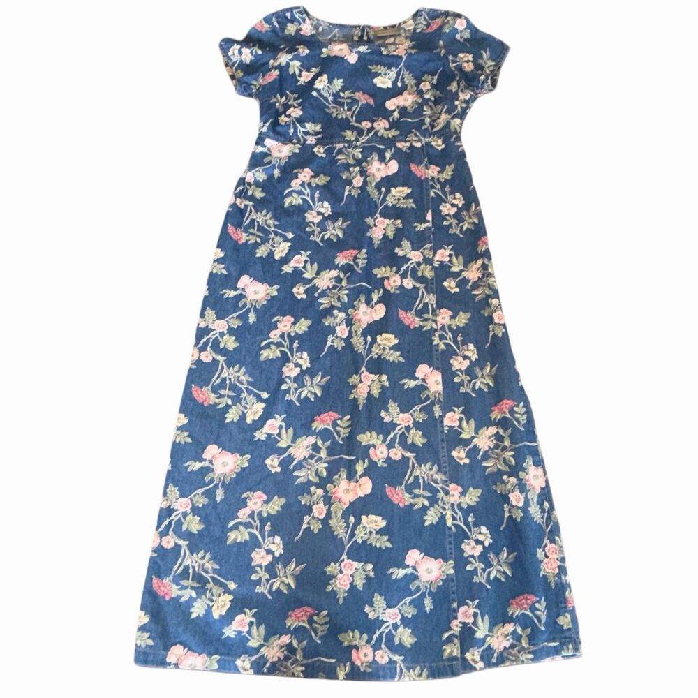 Vintage Denim Maxi Dress Size 8P Liz Claibrone Cottagecore Floral Faux Wrap
